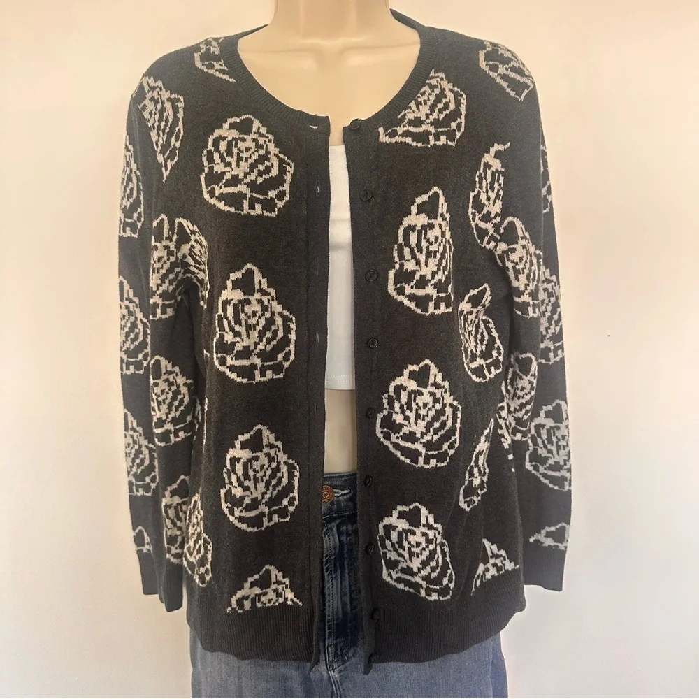 LOFT Women’s Gray Cardigan with Floral Design Size Medium